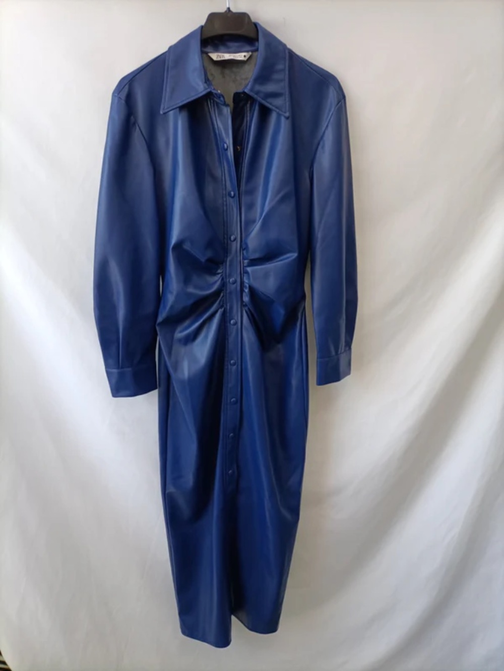 NWT Zara Faux Leather Blue Ruched Shirt Dress, Size M - Picture 8 of 9